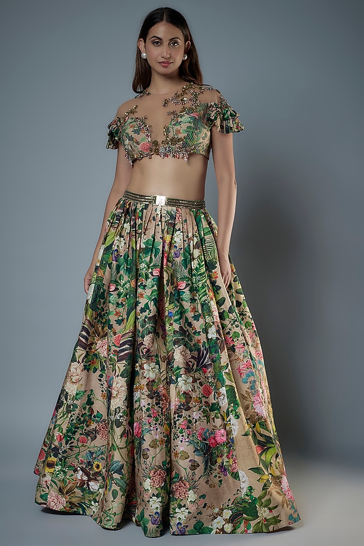 Green Tulle Floral Embroidered & Printed Wedding Lehenga Set by Rocky Star at Pernia's Pop Up Shop