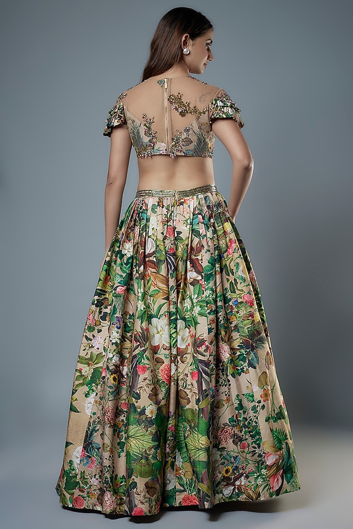 Green Tulle Floral Embroidered & Printed Wedding Lehenga Set by Rocky Star at Pernia's Pop Up Shop