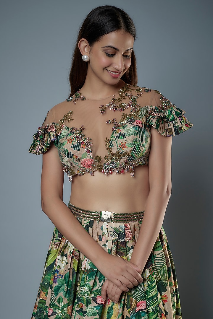 Green Tulle Floral Embroidered & Printed Wedding Lehenga Set by Rocky Star at Pernia's Pop Up Shop