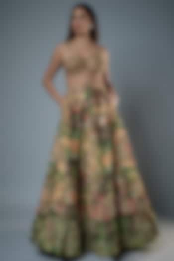Multi-Colored Raw Silk Floral Printed & Embroidered Corset Gown by Rocky Star
