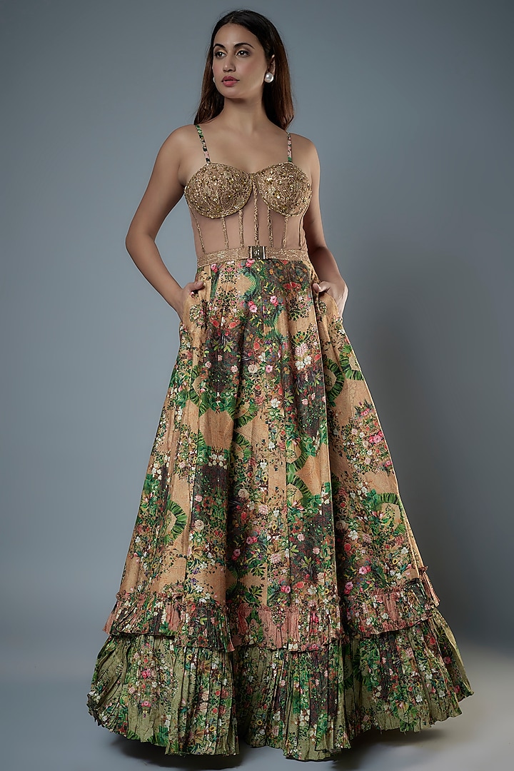 Multi-Colored Raw Silk Floral Printed & Embroidered Corset Gown