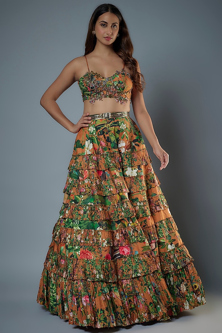 Rust Raw Silk Floral Printed Wedding Lehenga Set by Rocky Star at Pernia's Pop Up Shop