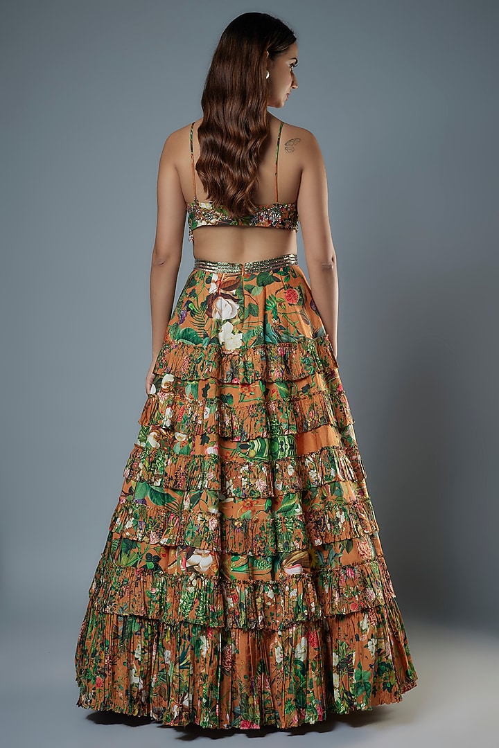 Rust Raw Silk Floral Printed Wedding Lehenga Set by Rocky Star at Pernia's Pop Up Shop