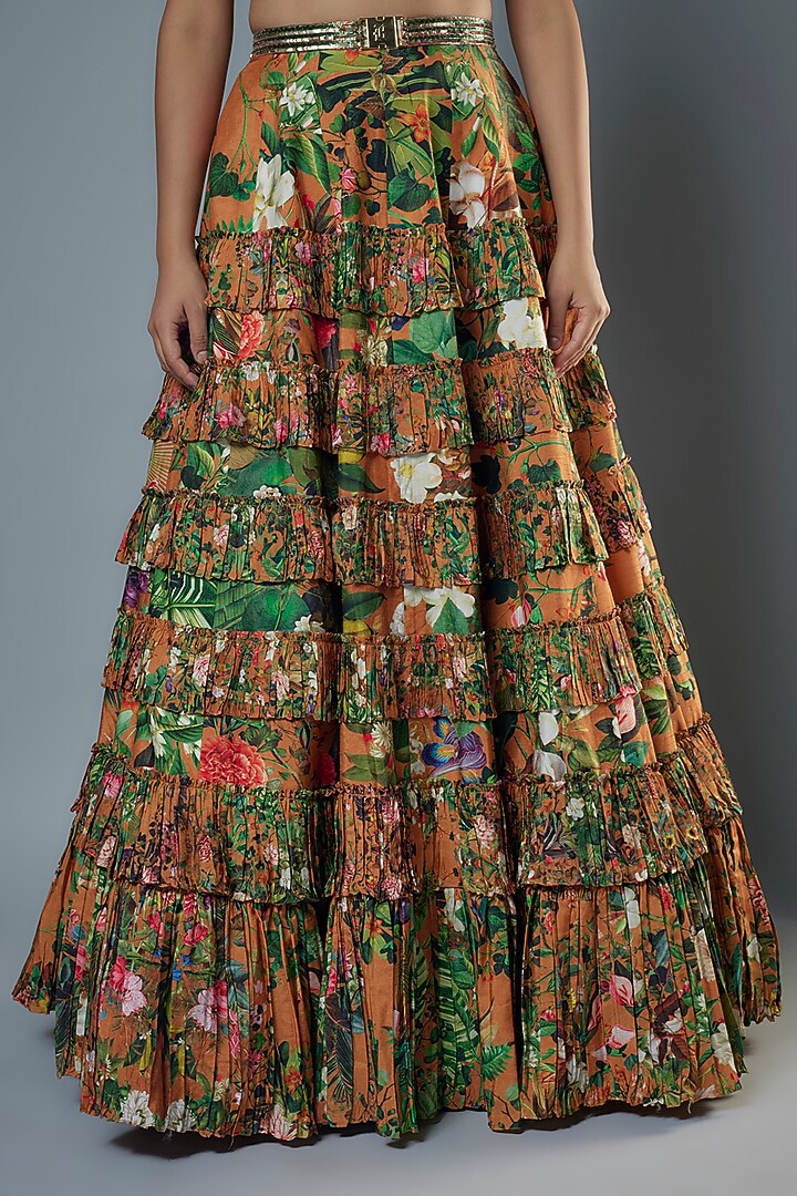 Rust Raw Silk Floral Printed Wedding Lehenga Set by Rocky Star at Pernia's Pop Up Shop