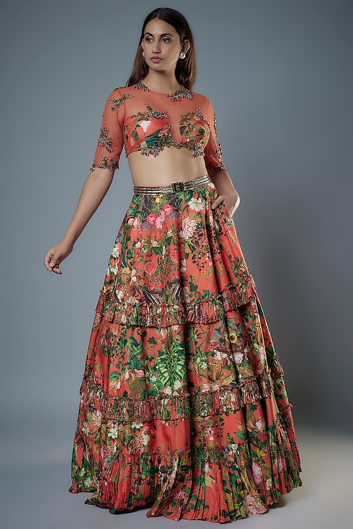 Orange Raw Silk Floral Embroidered & Printed Lehenga Set by Rocky Star