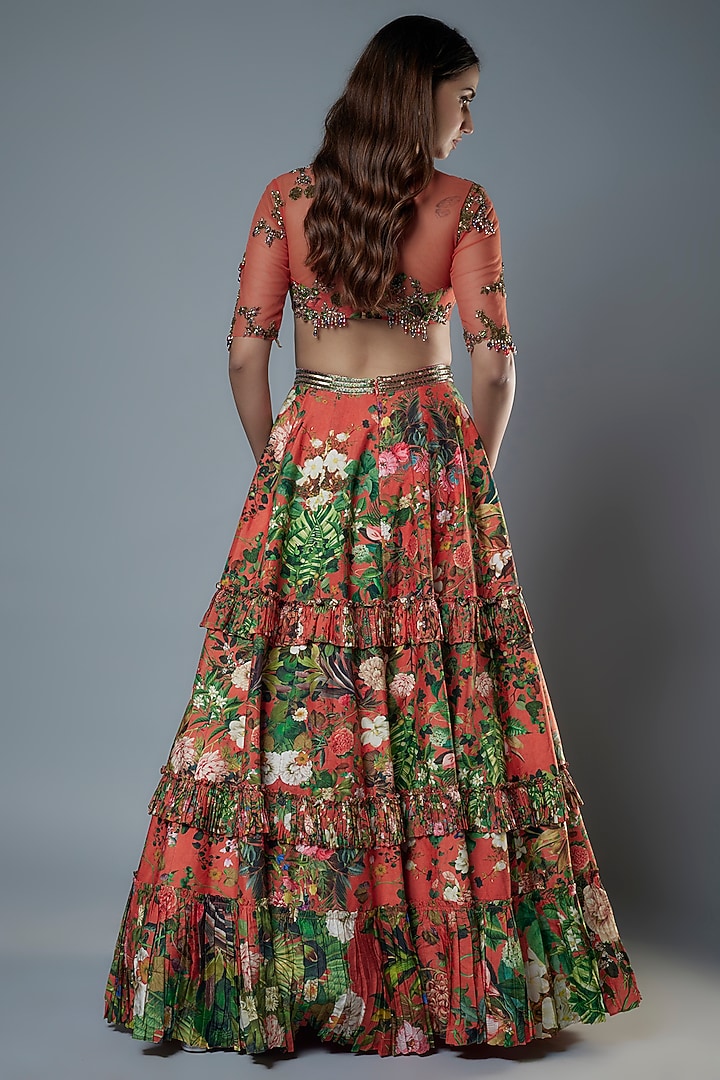 Orange Raw Silk Floral Embroidered & Printed Wedding Lehenga Set by Rocky Star at Pernia's Pop Up Shop