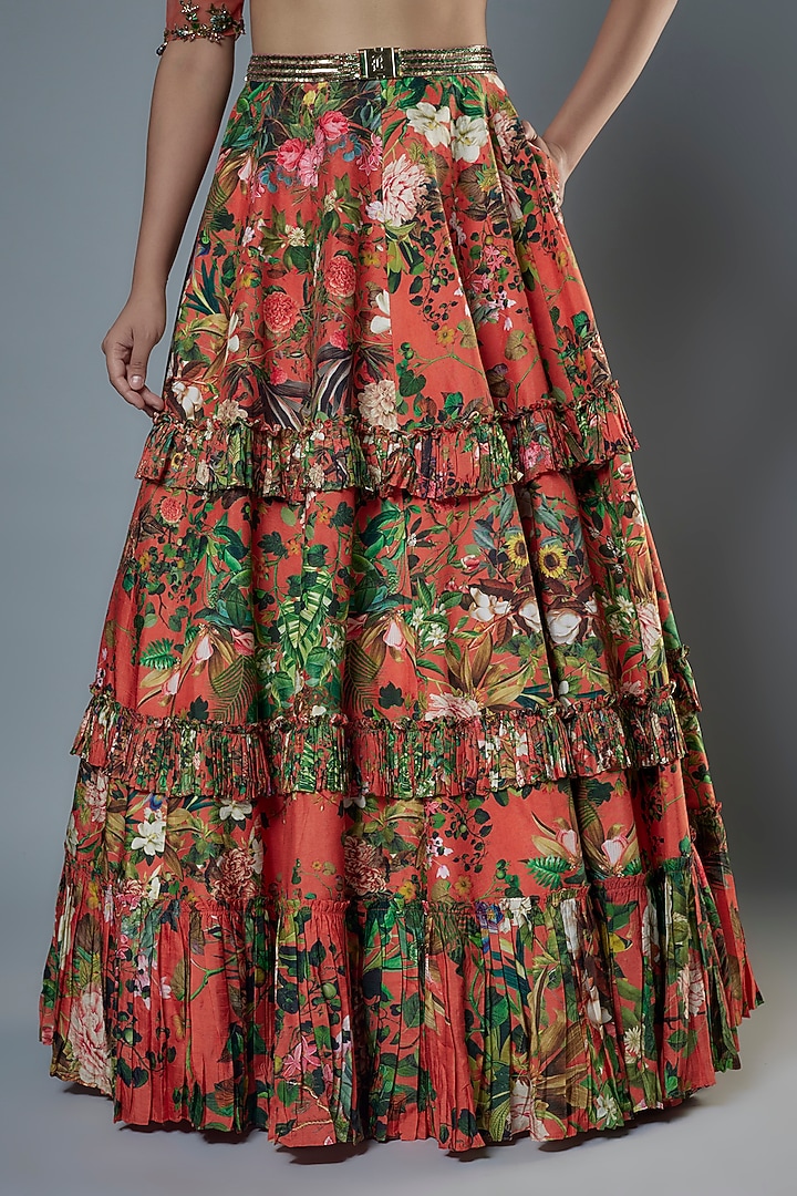 Orange Raw Silk Floral Embroidered & Printed Wedding Lehenga Set by Rocky Star at Pernia's Pop Up Shop