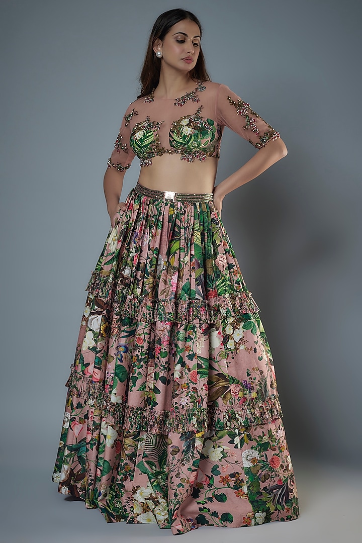 Old Rose Raw Silk Floral Embroidered & Printed Wedding Lehenga Set by Rocky Star at Pernia's Pop Up Shop