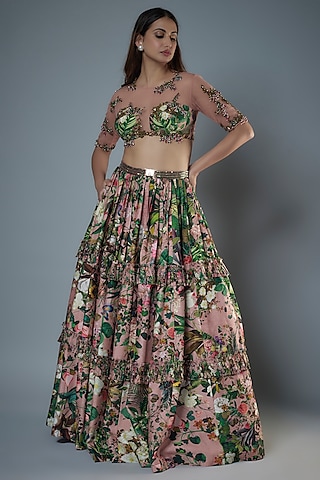 Old Rose Raw Silk Floral Embroidered & Printed Lehenga Set by Rocky Star