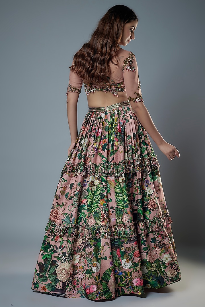 Old Rose Raw Silk Floral Embroidered & Printed Wedding Lehenga Set by Rocky Star at Pernia's Pop Up Shop