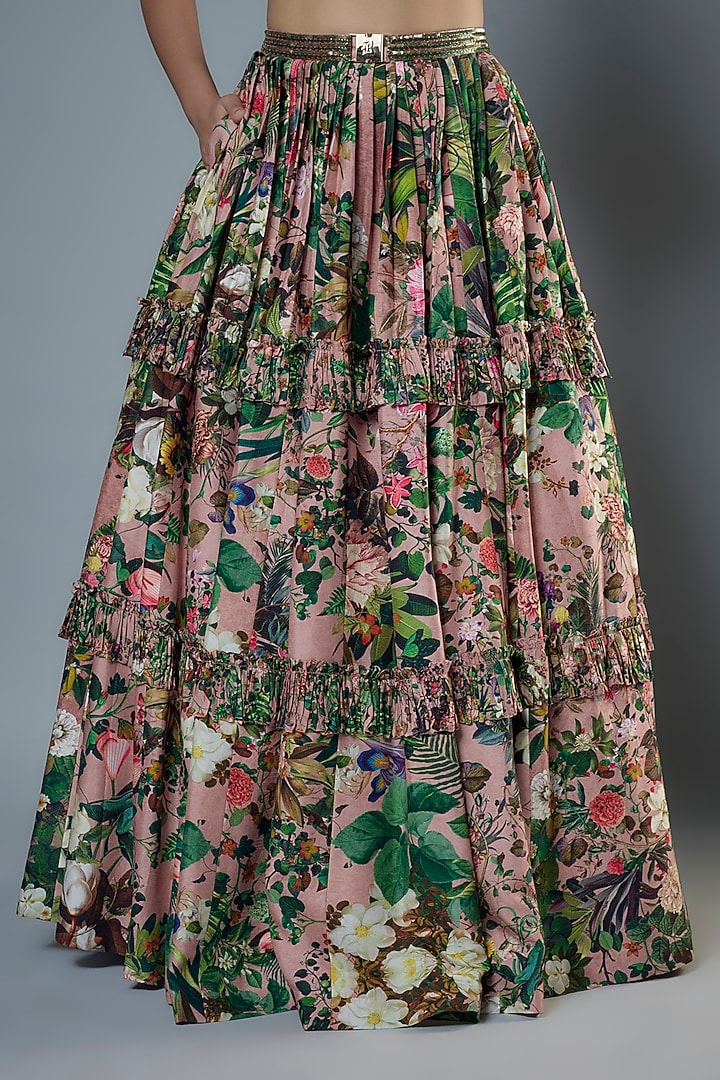 Old Rose Raw Silk Floral Embroidered & Printed Wedding Lehenga Set by Rocky Star at Pernia's Pop Up Shop