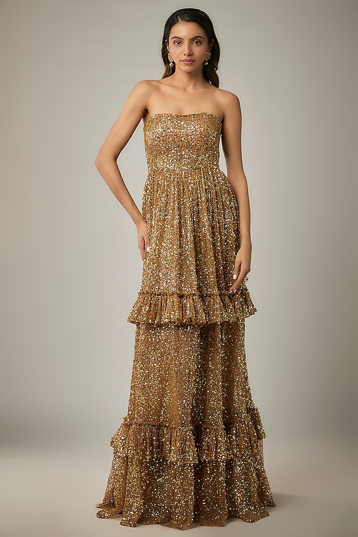 Gold Net Sequin Embroidered Tube Gown by Rocky Star