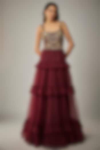 Maroon Tulle Embroidered Wedding Gown by Rocky Star at Pernia's Pop Up Shop