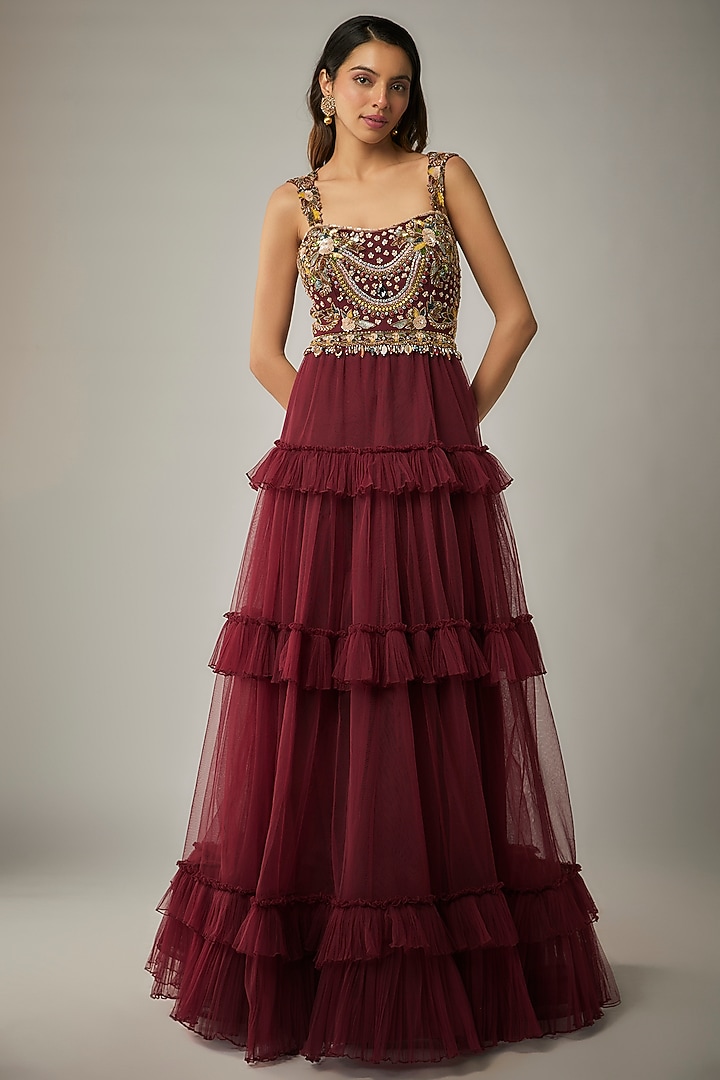 Maroon Tulle Embroidered Wedding Gown by Rocky Star at Pernia's Pop Up Shop
