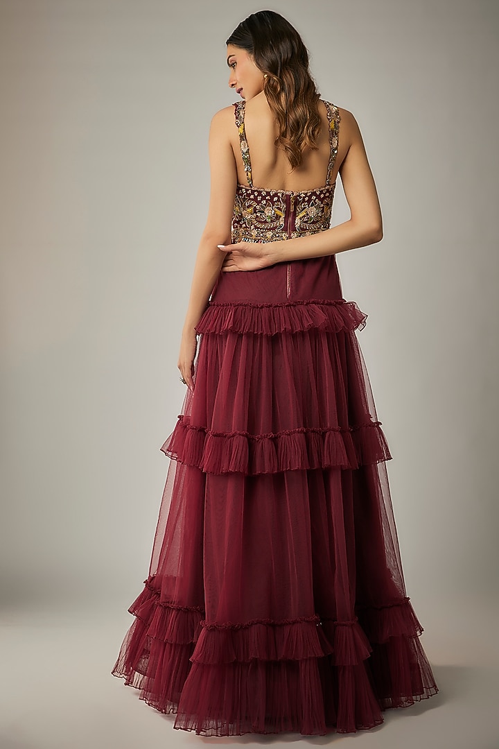 Maroon Tulle Embroidered Wedding Gown by Rocky Star at Pernia's Pop Up Shop