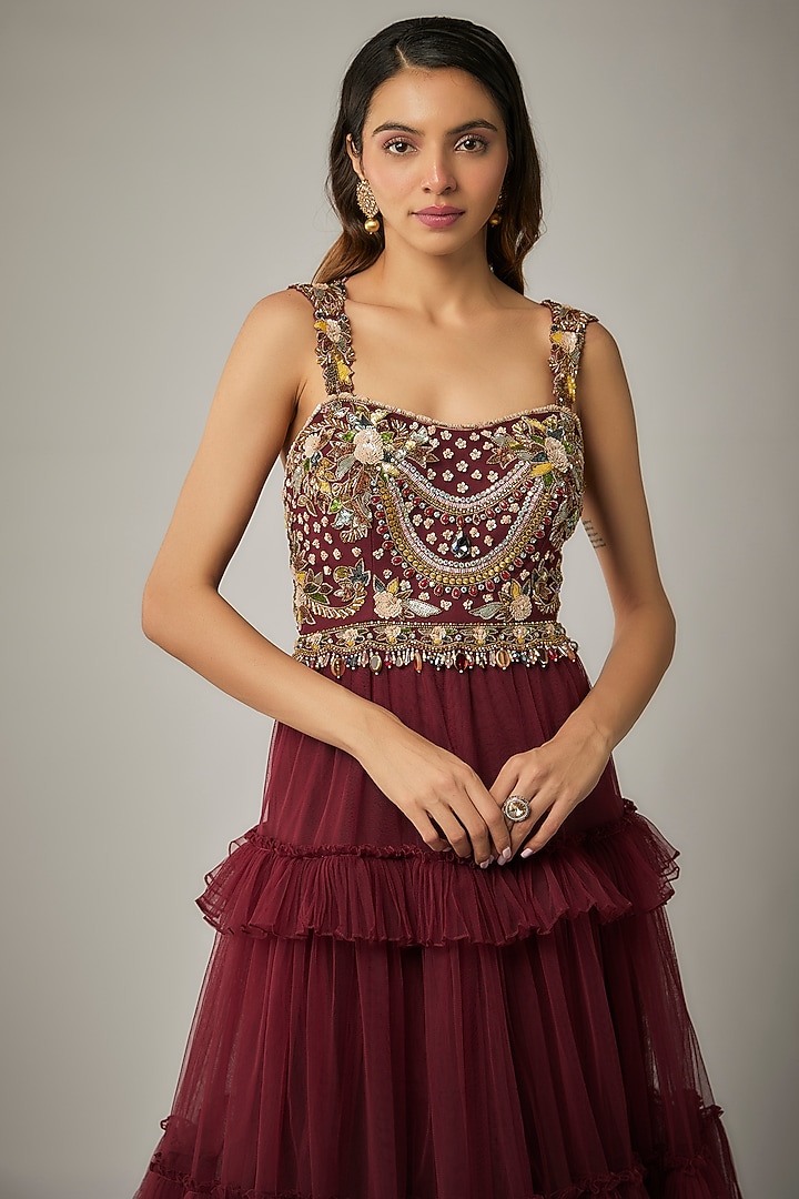 Maroon Tulle Embroidered Wedding Gown by Rocky Star at Pernia's Pop Up Shop