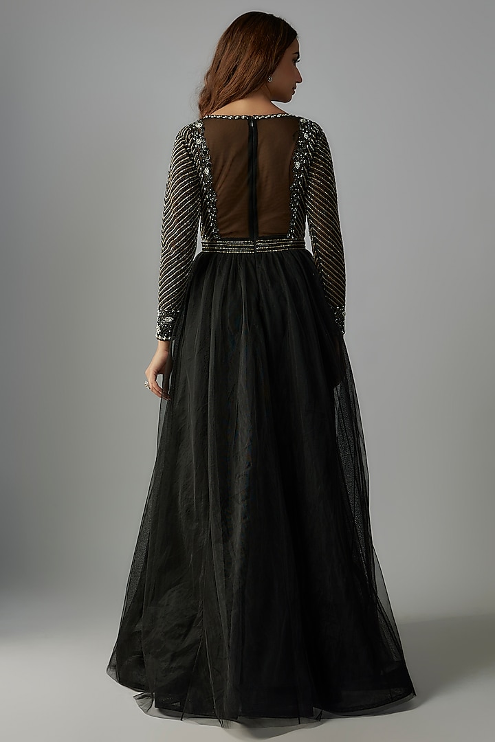 Black Net Hand Embroidered Bridal Gown by Rocky Star at Pernia's Pop Up Shop