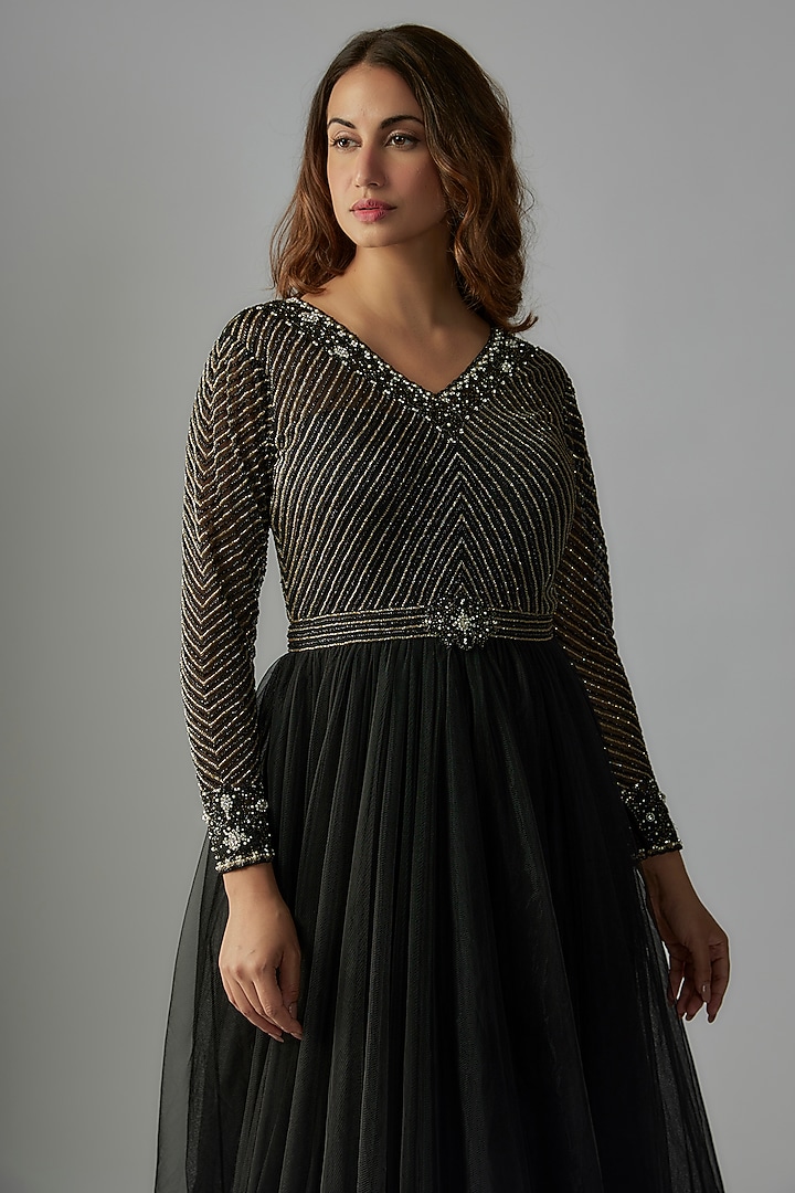 Black Net Hand Embroidered Bridal Gown by Rocky Star at Pernia's Pop Up Shop
