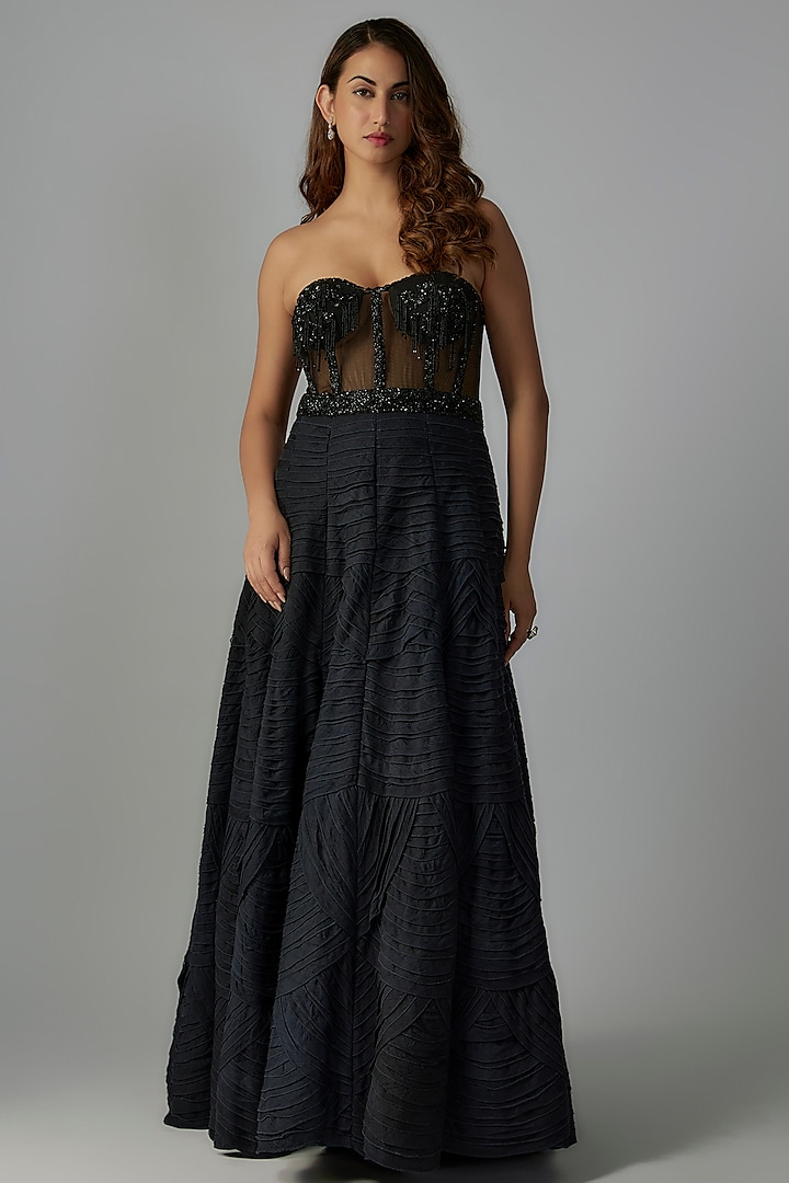 Black Net Sequins Embroidered Gown by Rocky Star