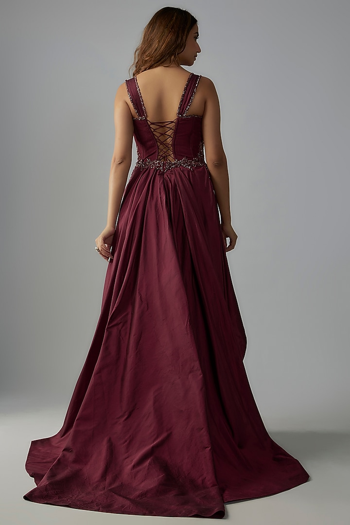 Burgundy Taffeta Embroidered Corset Wedding Gown by Rocky Star at Pernia's Pop Up Shop