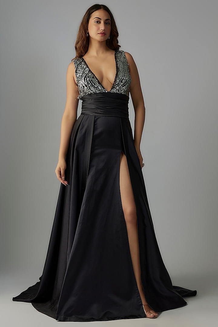 Black Silk Sequins Embroidered Gown by Rocky Star at Pernia's Pop Up Shop