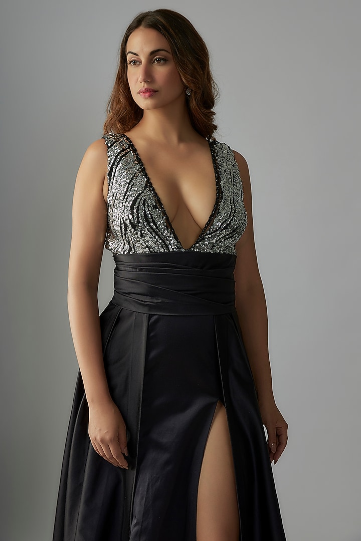 Black Silk Sequins Embroidered Engagement Gown by Rocky Star at Pernia's Pop Up Shop