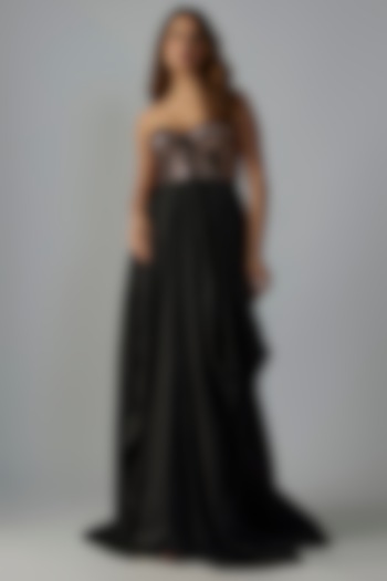 Black Silk Sequins Embroidered Draped Gown by Rocky Star at Pernia's Pop Up Shop