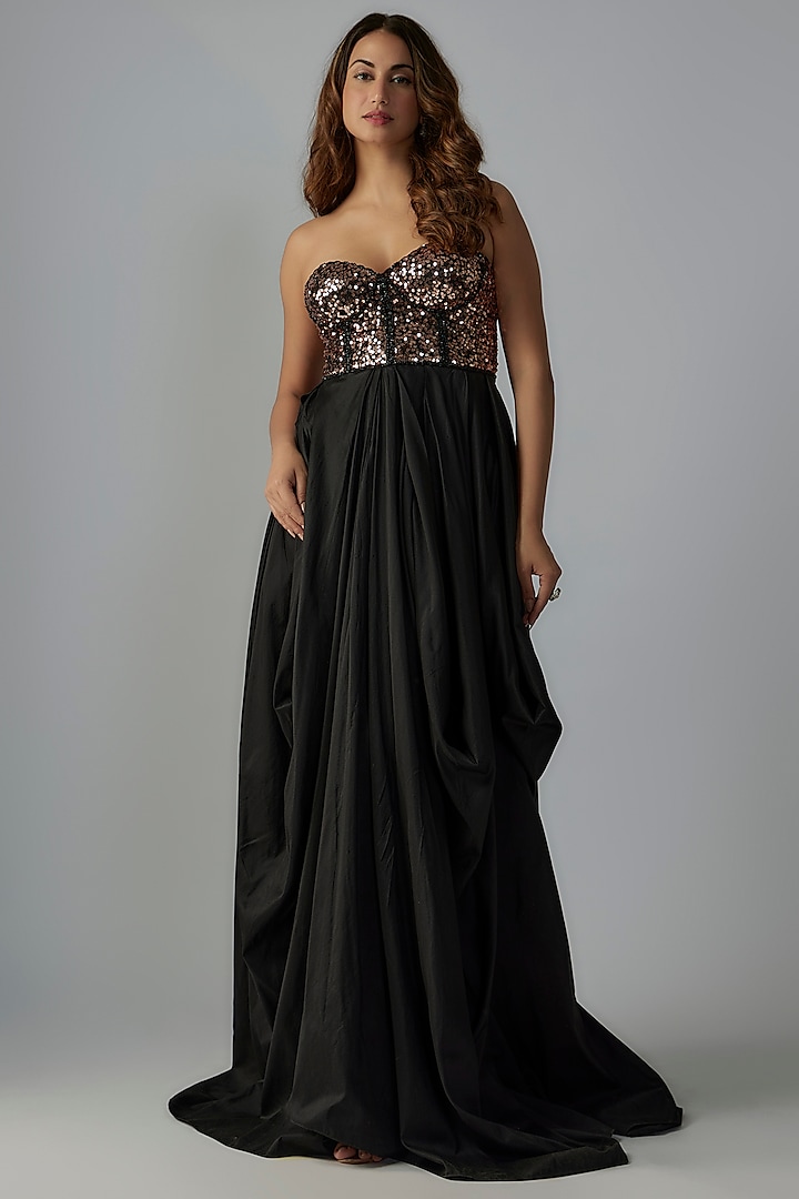 Black Silk Sequins Embroidered Draped Gown by Rocky Star at Pernia's Pop Up Shop