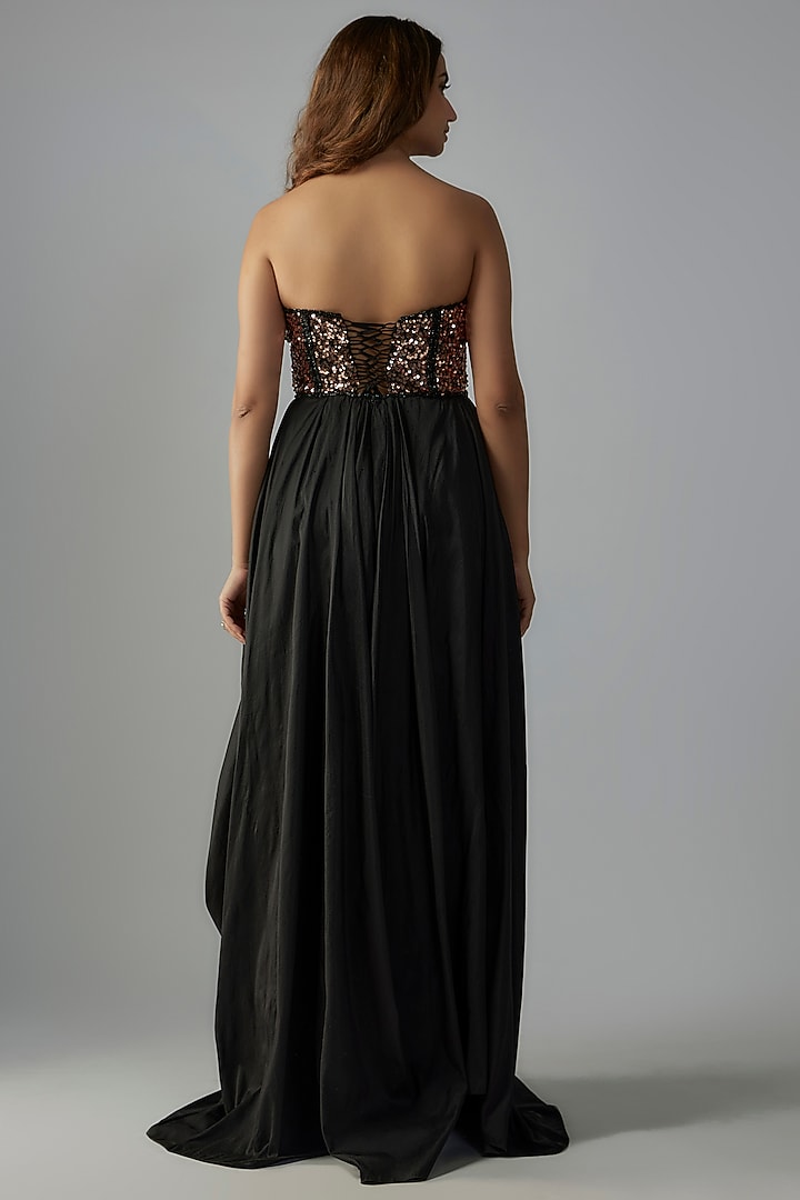 Black Silk Sequins Embroidered Draped Wedding Gown by Rocky Star at Pernia's Pop Up Shop