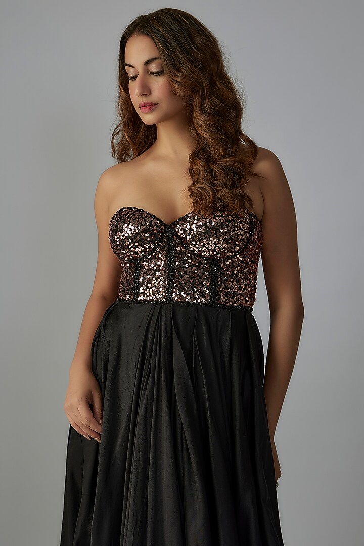 Black Silk Sequins Embroidered Draped Wedding Gown by Rocky Star at Pernia's Pop Up Shop