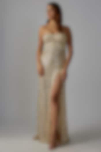 Ivory Net Sequins Embroidered Gown by Rocky Star