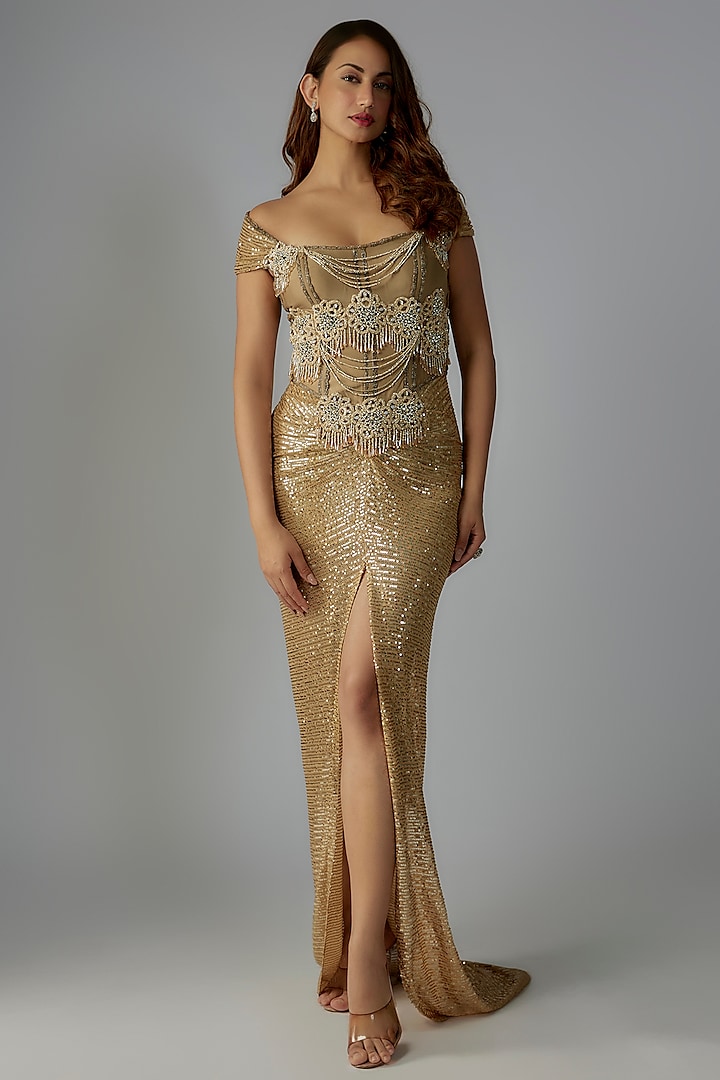 Gold Net Embroidered Corset Gown by Rocky Star