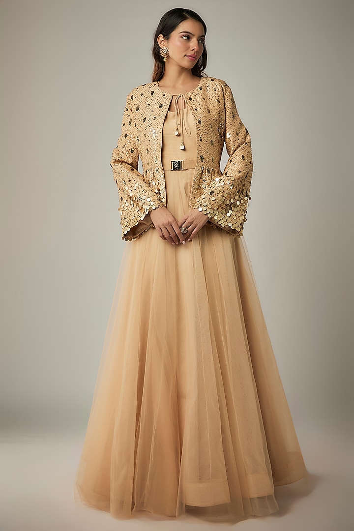 Beige Net Hand Embroidered Gown With Jacket by Rocky Star