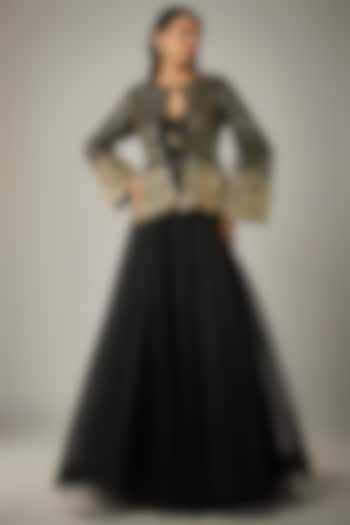 Black Net Hand Embroidered Gown With Jacket by Rocky Star