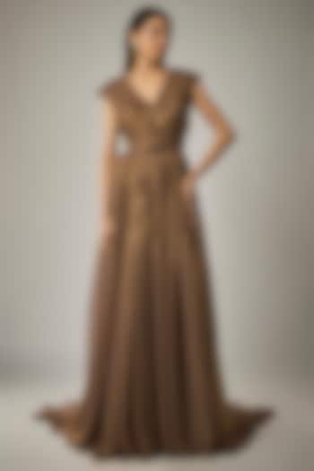 Metallic Copper Georgette Gown by Rocky Star