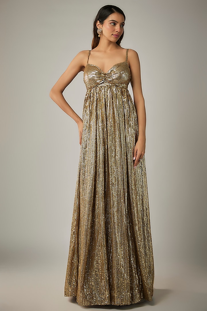 Gold Net Sequin Embroidered Gown by Rocky Star