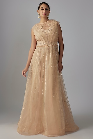 Peach Net Embroidered Layered Gown by Rocky Star