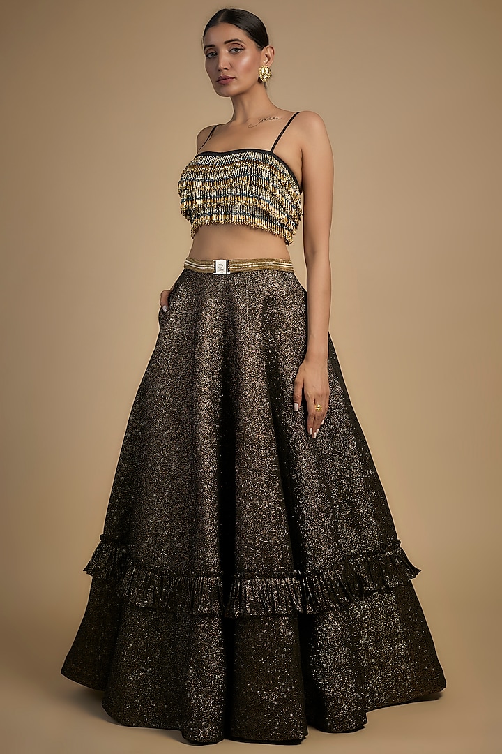 Gold Raw Silk & Poly Lurex Embroidered Wedding Lehenga Set by Rocky Star at Pernia's Pop Up Shop