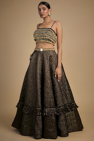 Gold Raw Silk & Poly Lurex Embroidered Lehenga Set by Rocky Star