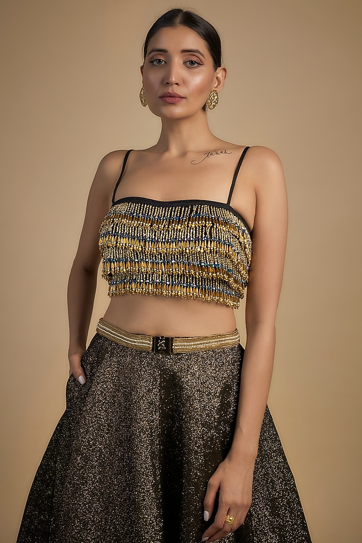 Gold Raw Silk & Poly Lurex Embroidered Wedding Lehenga Set by Rocky Star at Pernia's Pop Up Shop
