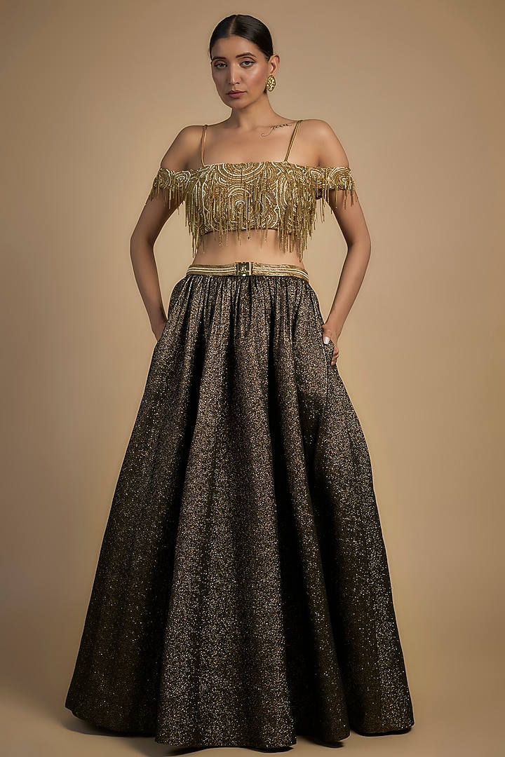 Gold Skin Net & Poly Lurex Embroidered Bridal Lehenga Set by Rocky Star at Pernia's Pop Up Shop