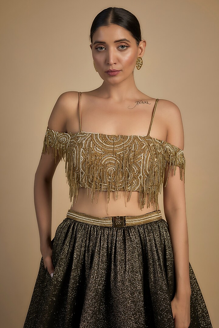 Gold Skin Net & Poly Lurex Embroidered Bridal Lehenga Set by Rocky Star at Pernia's Pop Up Shop