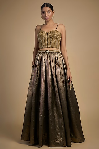 Gold Skin Net & Poly Lurex Embroidered Lehenga Set by Rocky Star