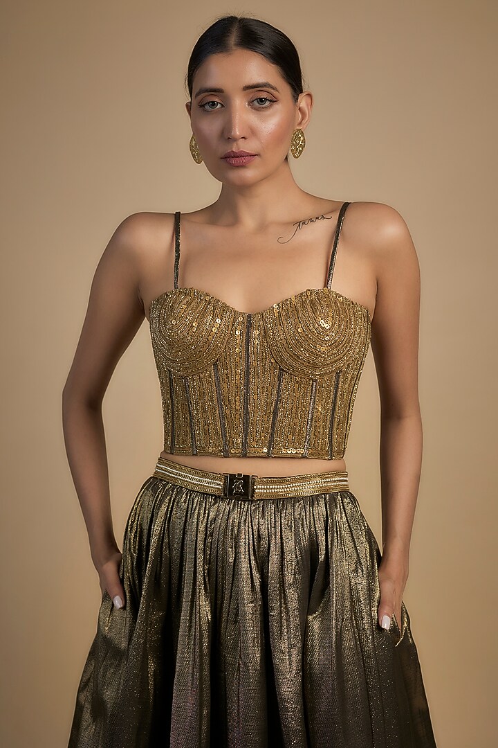 Gold Skin Net & Poly Lurex Embroidered Wedding Lehenga Set by Rocky Star at Pernia's Pop Up Shop