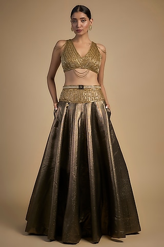 Gold Skin Net & Poly Lurex Embroidered Lehenga Set by Rocky Star