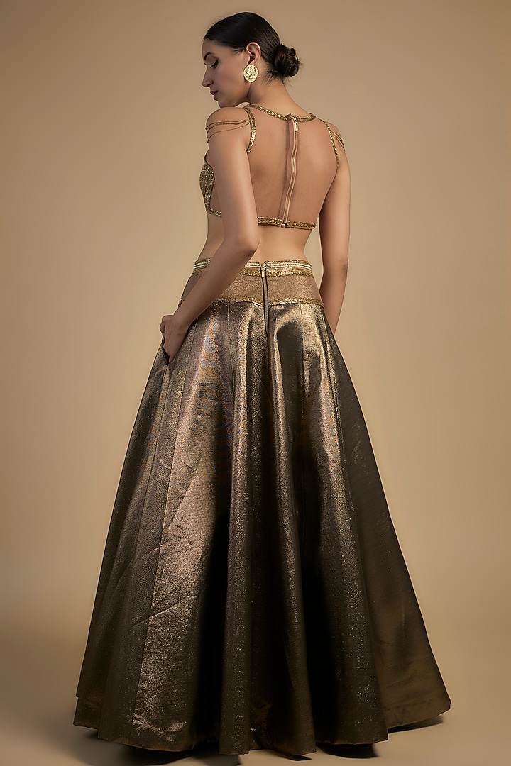 Gold Skin Net & Poly Lurex Embroidered Wedding Lehenga Set by Rocky Star at Pernia's Pop Up Shop