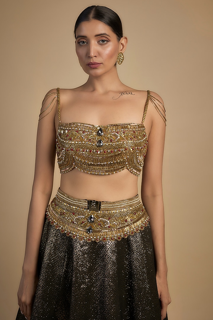 Gold Skin Net & Poly Lurex Embroidered Wedding Lehenga Set by Rocky Star at Pernia's Pop Up Shop