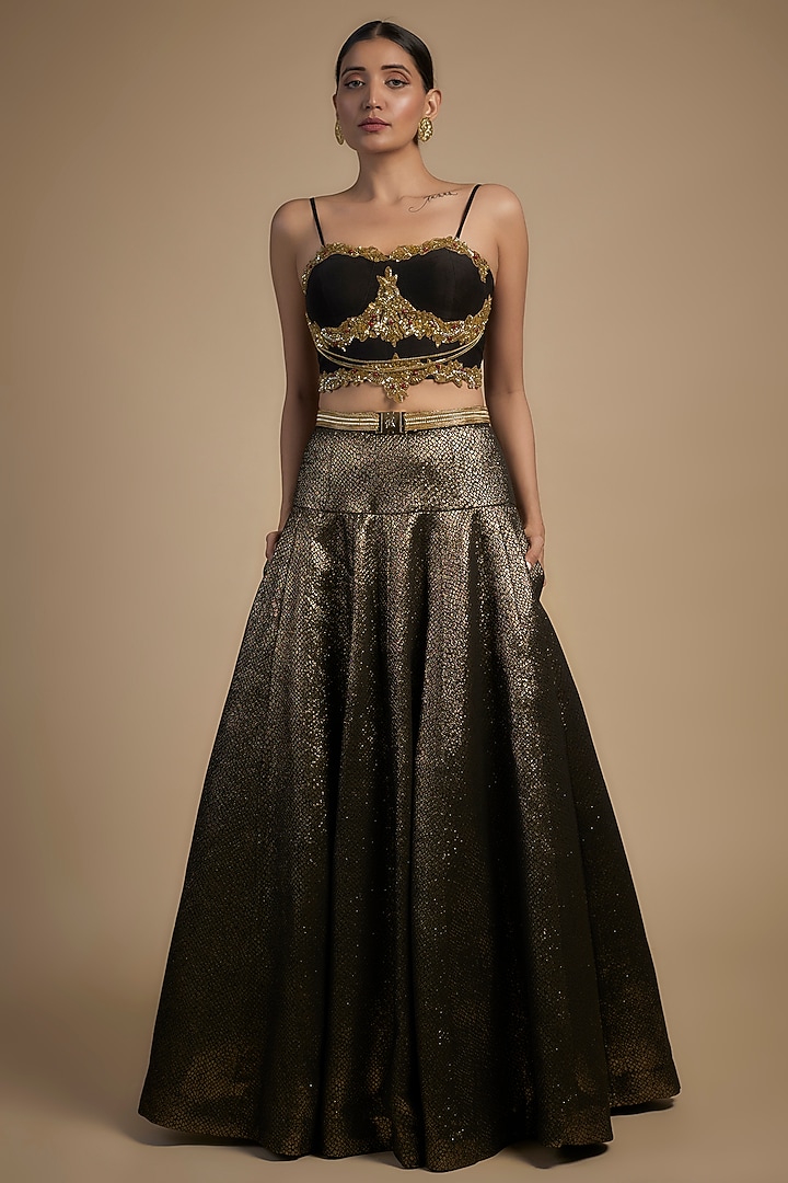 Gold Raw Silk & Poly Lurex Embroidered Wedding Lehenga Set by Rocky Star at Pernia's Pop Up Shop