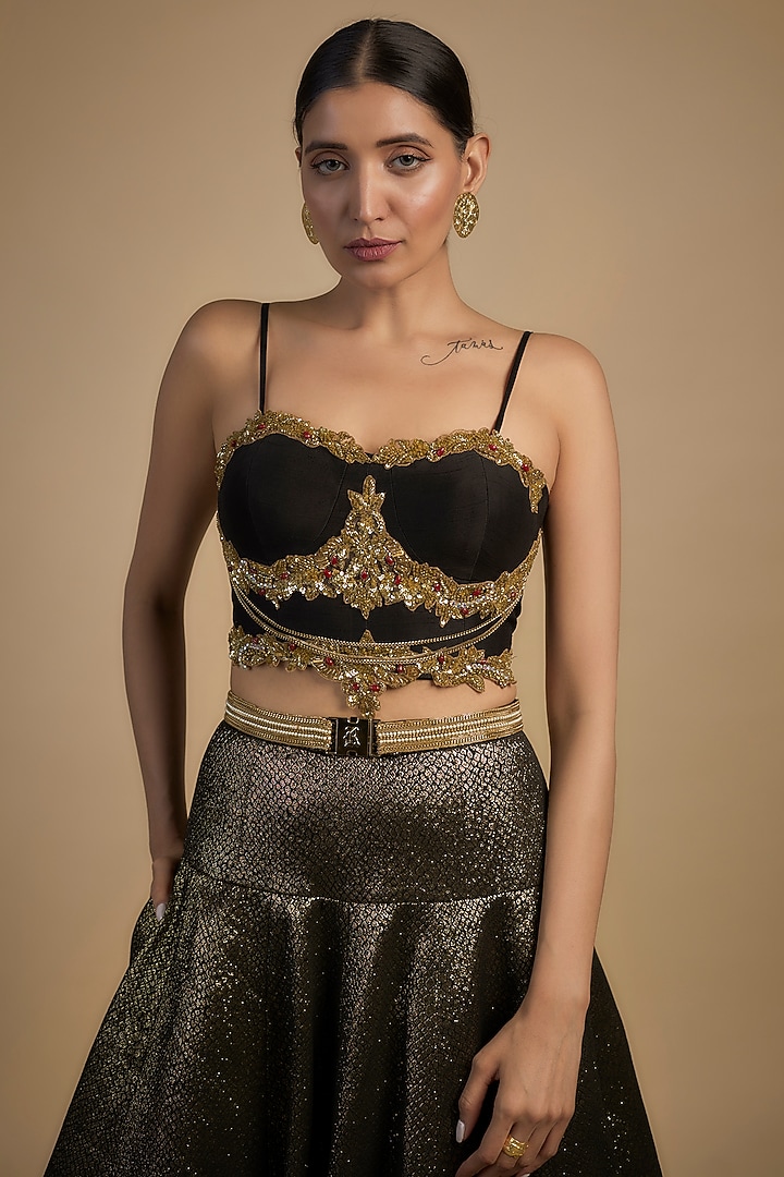 Gold Raw Silk & Poly Lurex Embroidered Wedding Lehenga Set by Rocky Star at Pernia's Pop Up Shop