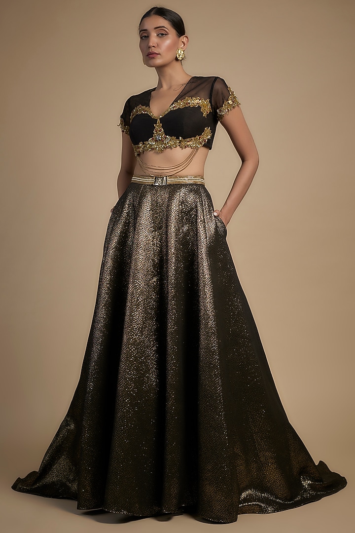 Gold Raw Silk & Poly Lurex Embroidered Bridal Lehenga Set by Rocky Star at Pernia's Pop Up Shop